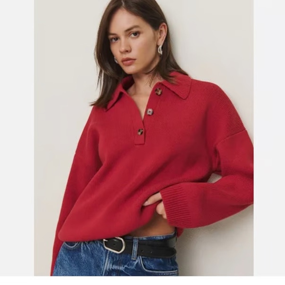 new Reformation Brooklyn Cotton polo button pullover sweater in red